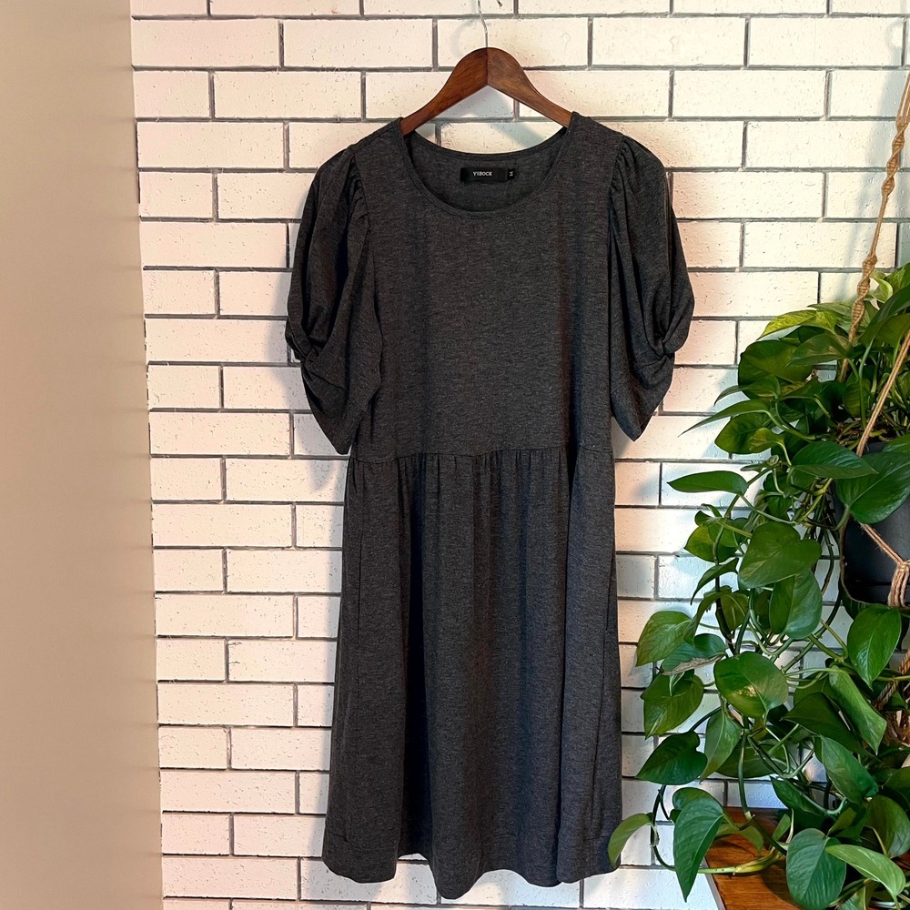 YIBOCK Womens Puff Sleeve Babydoll Dress Charcoal Gray Knit Maternity Friendly M